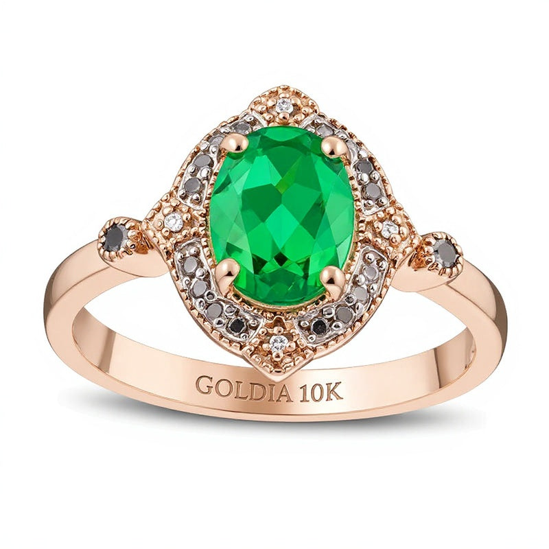 Halo-Ring mit ovalem Labor-Smaragd und 0,07 ct. Gesamtgewicht behandelten schwarzen und weißen Diamanten in 10K Roségold