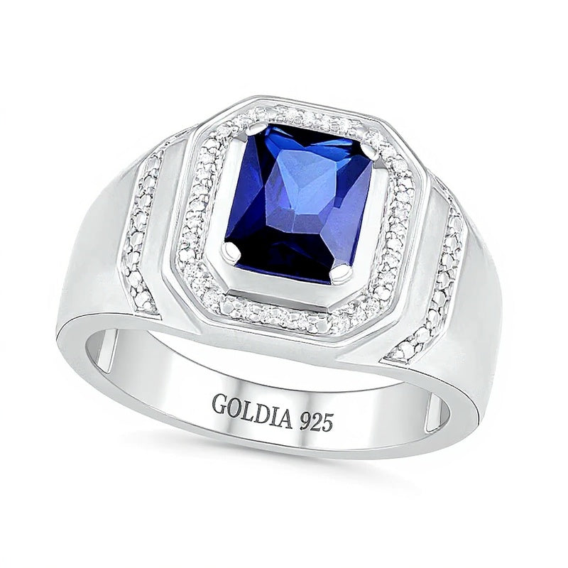 Fashion-Ring mit blauem synthetischem Saphir im Smaragdschliff und 0,1 ct. Gesamtgewicht Diamanten mit achteckigem Rahmen in rhodiniertem Sterlingsilber