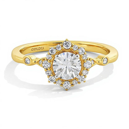 0,75 ct. Gesamtgewicht Diamant Halo Verlobungsring im Art-Déco-Stil aus 14K Gelbgold