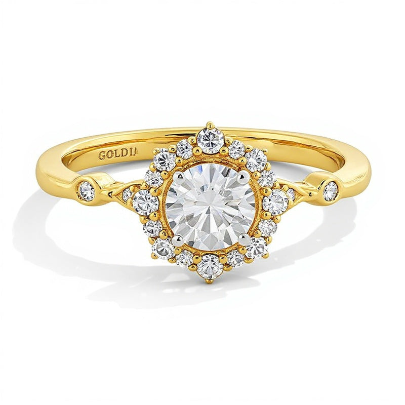 0,75 ct. Gesamtgewicht Diamant Halo Verlobungsring im Art-Déco-Stil aus 14K Gelbgold