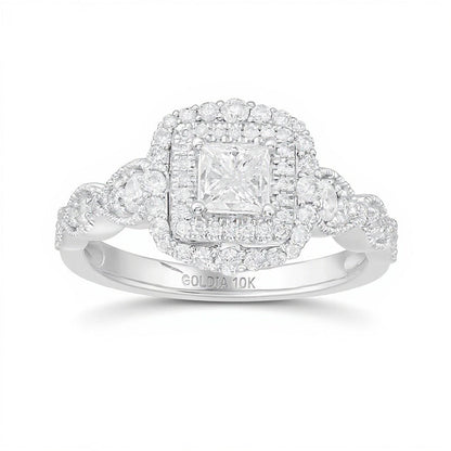 0.88 ct. Gesamtgewicht Halo-Verlobungsring mit Diamanten im Princess- und Rundschliff im Art-Déco-Vintage-Stil aus 10K Weißgold