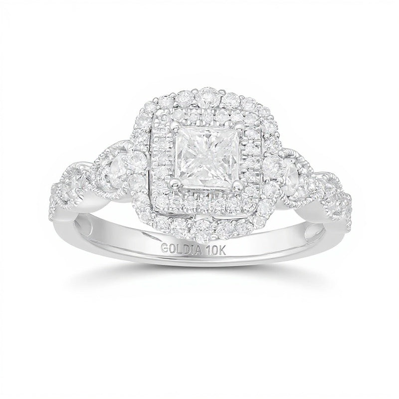 0.88 ct. Gesamtgewicht Halo-Verlobungsring mit Diamanten im Princess- und Rundschliff im Art-Déco-Vintage-Stil aus 10K Weißgold