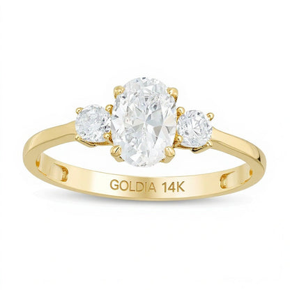 1.0 CT. Gesamtgewicht Dreistein-Verlobungsring mit ovalen und runden Diamanten in 14K Gelbgold