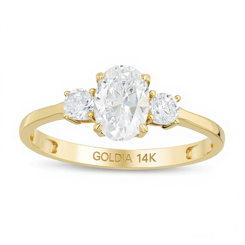 1.0 CT. Gesamtgewicht Dreistein-Verlobungsring mit ovalen und runden Diamanten in 14K Gelbgold