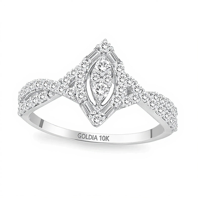 0.5 ct. Gesamtgewicht Multi-Diamant Ring mit Marquise-Rahmen und gedrehtem Ringkopf in 10K Weißgold