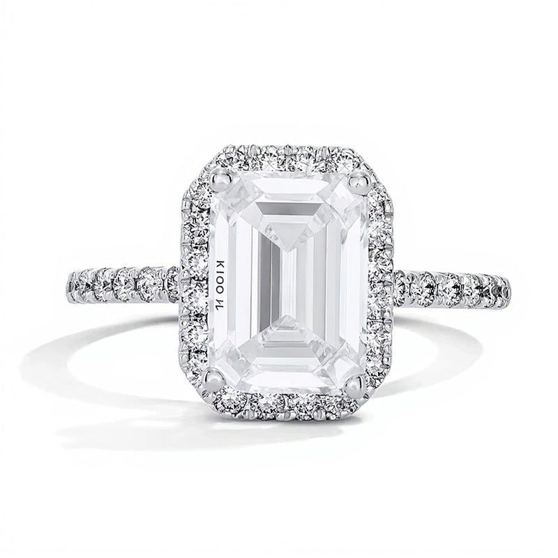 Verlobungsring mit Labordiamanten im Smaragdschliff, Halo, 3.5 ct. Gesamtgewicht, 14K Weißgold (F/VS2)