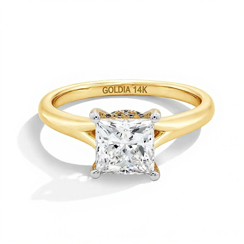 2.0 ct. Gesamtgewicht Solitär-Verlobungsring mit Labordiamant im Princess-Schliff und Split-Shank in 14K Gelbgold (F/VS2)