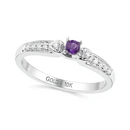 Freundschaftsring für Damen mit Amethyst und Diamant-Besatz, herzförmige Seiten, in 10K Weißgold
