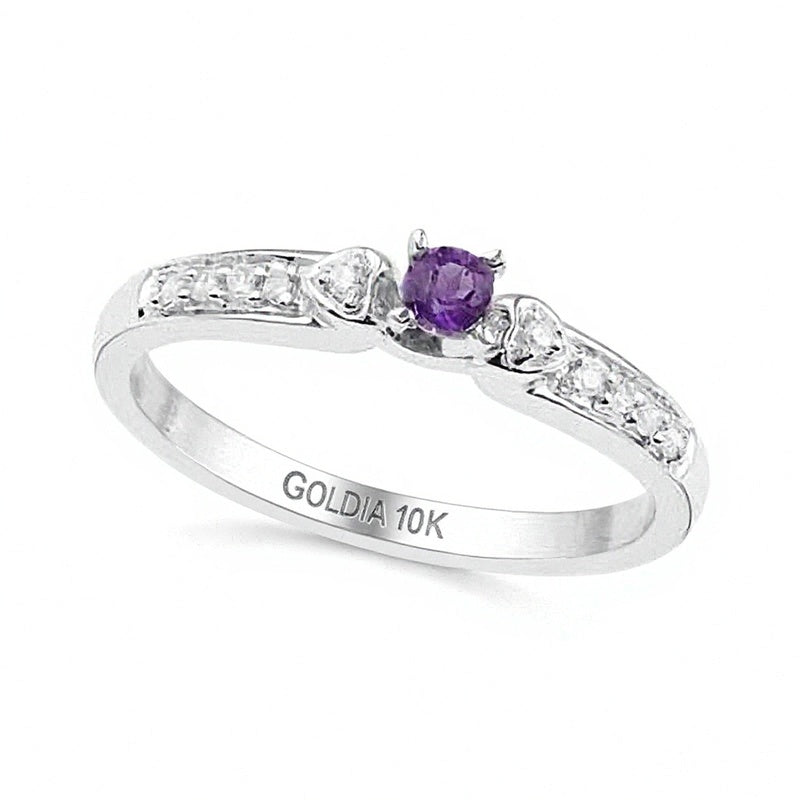Freundschaftsring für Damen mit Amethyst und Diamant-Besatz, herzförmige Seiten, in 10K Weißgold
