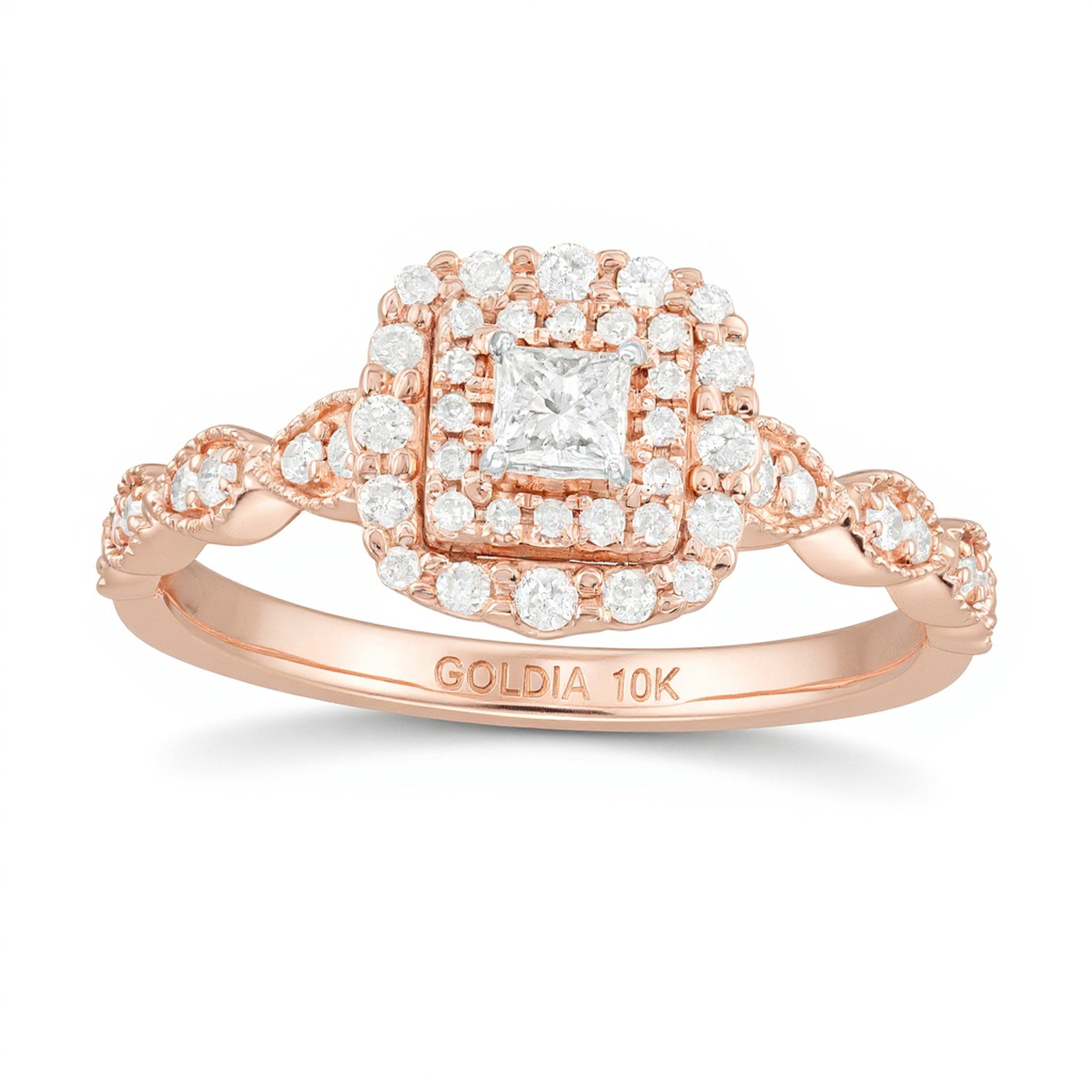 0.38 ct. Gesamtgewicht Halo-Verlobungsring mit Diamanten im Princess- und Rundschliff im Art-déco-Vintage-Stil in 10K Roségold