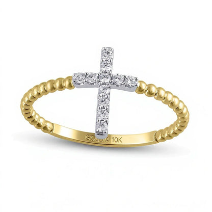 Fashion-Ring mit Diamant-Kreuz und Perlschiene 0.1 ct. Gesamtgewicht in 10K Gelbgold