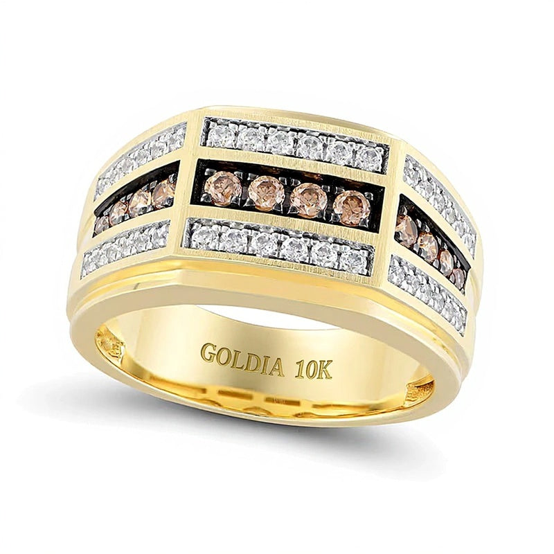 0.75 ct. Gesamtgewicht Champagner- und weißer Diamant Ring dreireihig gewinkelt in 10K Gelbgold