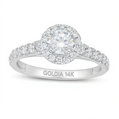 Halo-Verlobungsring mit weißen Diamanten im Rundschliff in 14K Weißgold (F/I1)