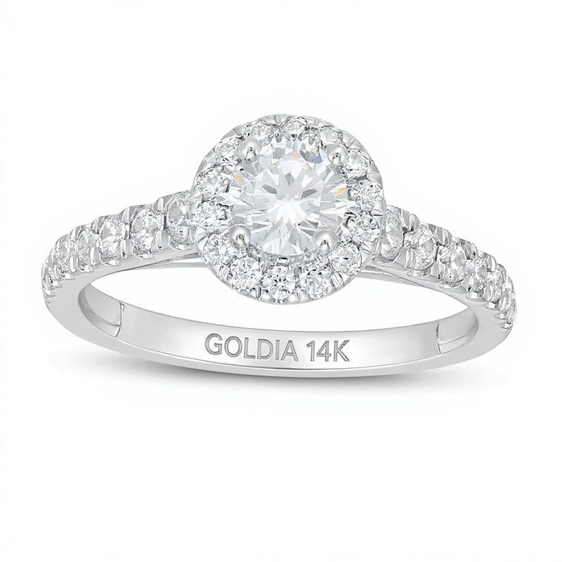 Halo-Verlobungsring mit weißen Diamanten im Rundschliff in 14K Weißgold (F/I1)