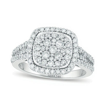 1.0 ct. Gesamtgewicht Multi-Diamant Verlobungsring mit Kissenschliff-Halo in 14K Weißgold