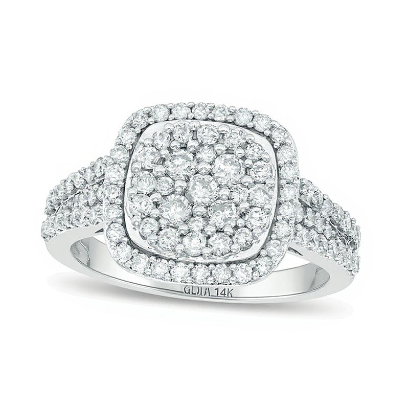1.0 ct. Gesamtgewicht Multi-Diamant Verlobungsring mit Kissenschliff-Halo in 14K Weißgold