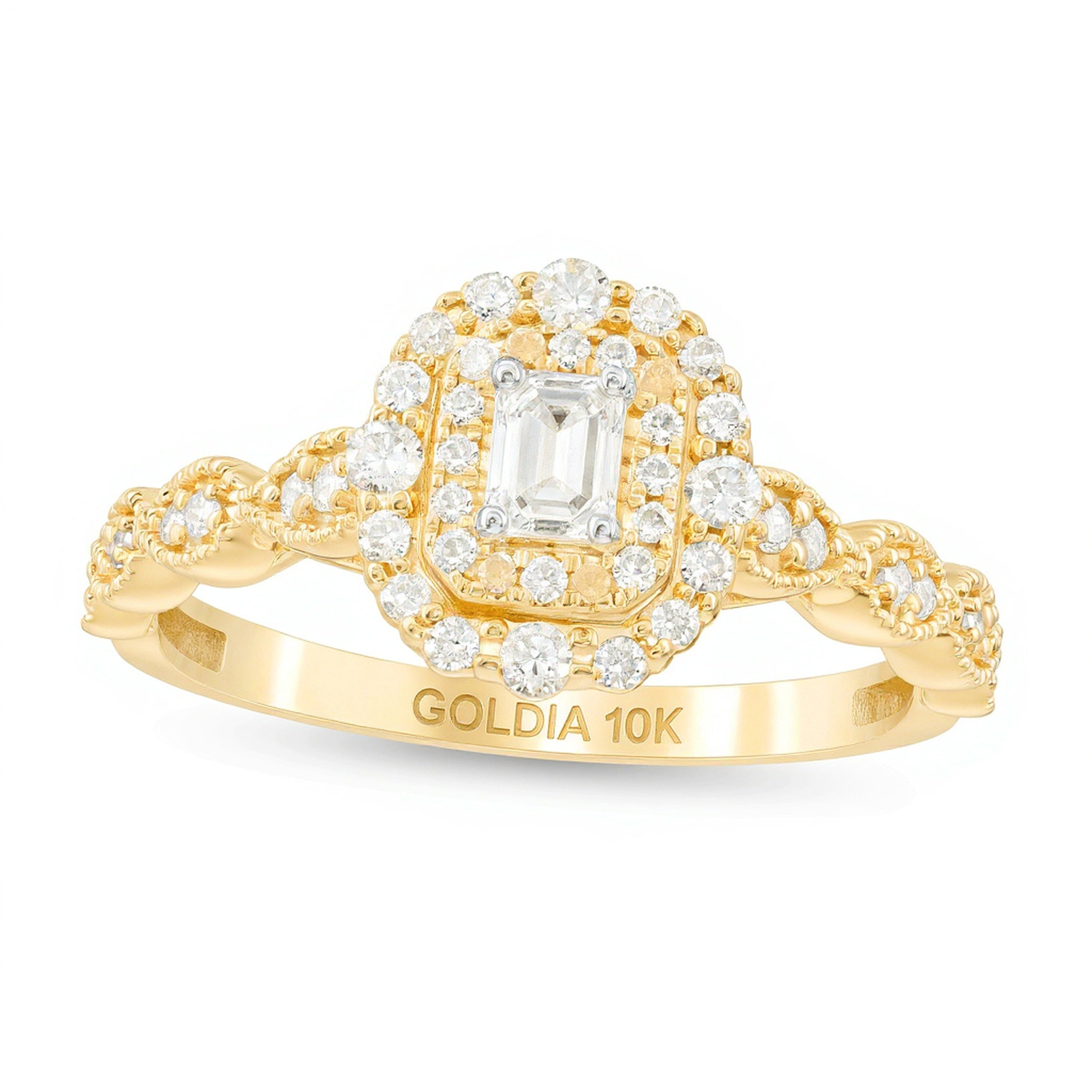 0.38 ct. Gesamtgewicht Verlobungsring im Vintage-Stil mit Diamant im Smaragdschliff und doppeltem Halo in 10K Gelbgold