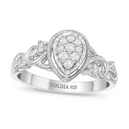 Freundschaftsring für Damen mit Diamant und Saphir, 0.2 ct. Gesamtgewicht, tropfenförmiger Rahmen, rhodiniertes Sterlingsilber 925