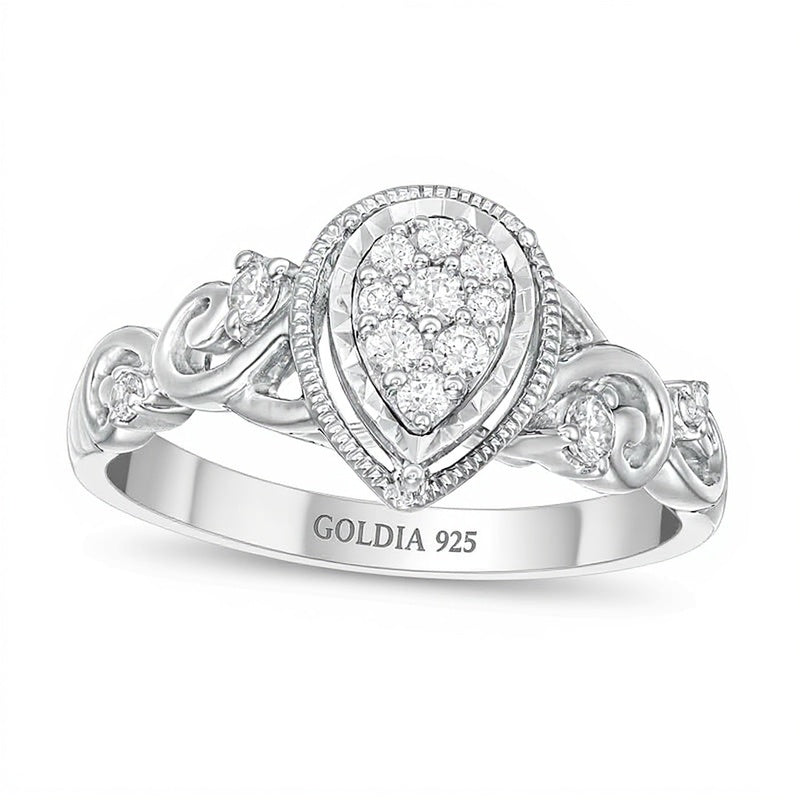 Freundschaftsring für Damen mit Diamant und Saphir, 0.2 ct. Gesamtgewicht, tropfenförmiger Rahmen, rhodiniertes Sterlingsilber 925