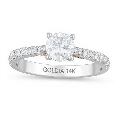 Solitär mit seitlichem Besatz Verlobungsring mit weißen runden Diamanten in 14K Bicolor-Gold für Damen