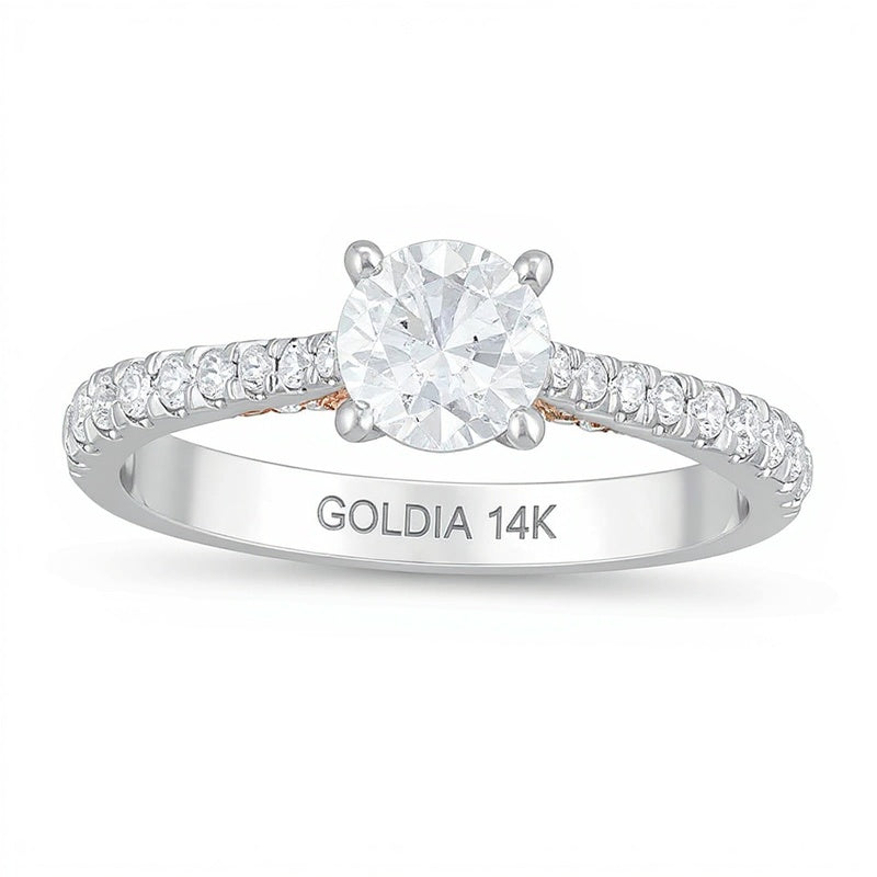 Solitär mit seitlichem Besatz Verlobungsring mit weißen runden Diamanten in 14K Bicolor-Gold für Damen