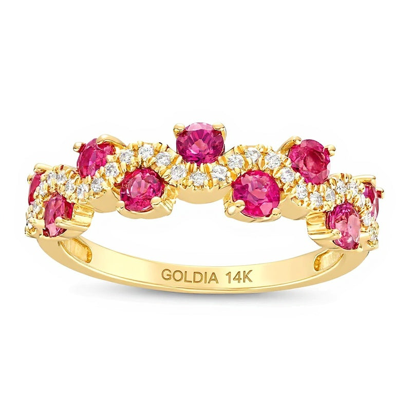 3,0mm Rubin und 0,17 ct. Gesamtgewicht Diamant Wellen-Ring in 14K Gelbgold