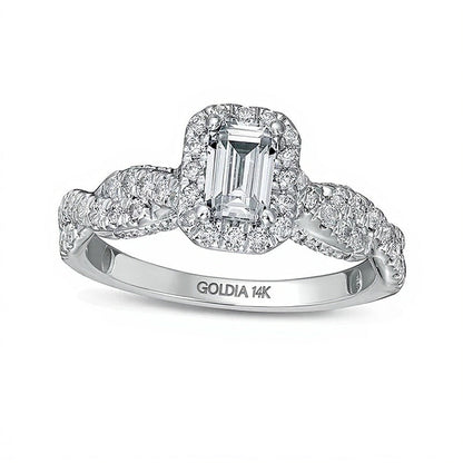Halo-Verlobungsring mit Diamant im Smaragdschliff 1.0 ct. Gesamtgewicht in 14K Weißgold