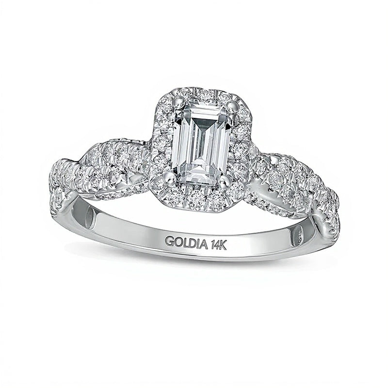 Halo-Verlobungsring mit Diamant im Smaragdschliff 1.0 ct. Gesamtgewicht in 14K Weißgold