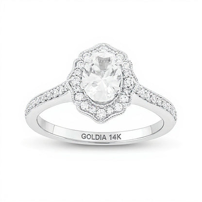 0.75 ct. Gesamtgewicht Verlobungsring mit ovalem Diamant und Halo im Vintage-Stil in 14K Weißgold (I/I2)
