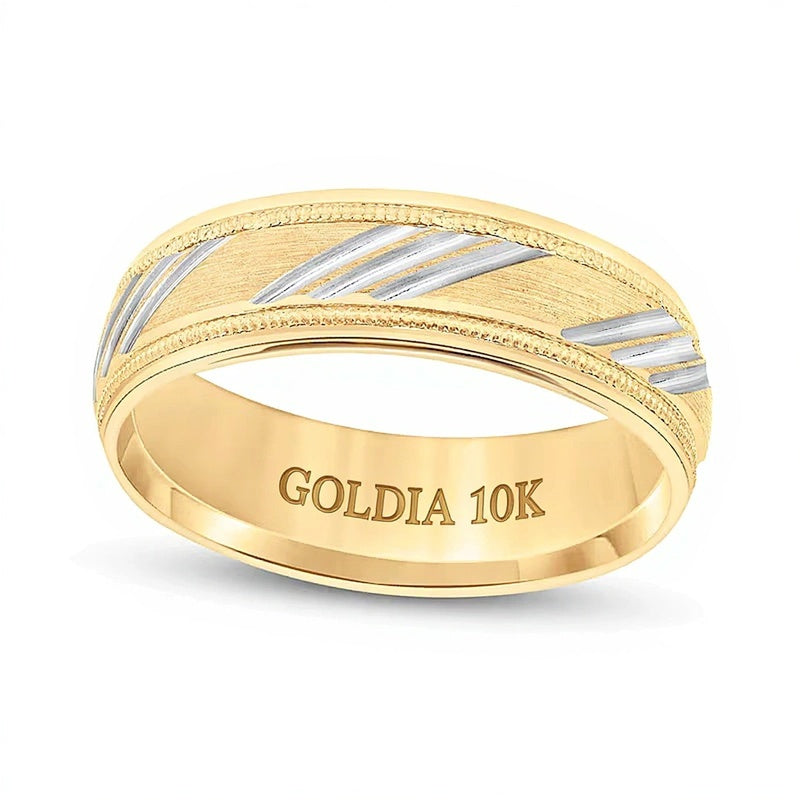 6,5mm Ehering mit diagonal geschnitzter Struktur und flacher Wölbung in 10K Gold Bicolor