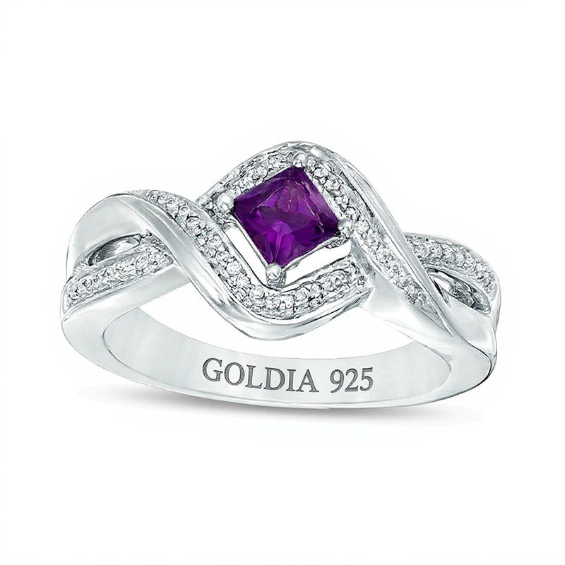 4,0mm Amethyst im Princess-Schliff und 0,1 ct. Gesamtgewicht Diamant Halo-Ring aus rhodiniertem Sterlingsilber