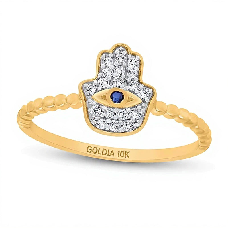 0.1 ct. Gesamtgewicht Ring mit blauen und weißen Diamanten Hamsa in 10K Gelbgold