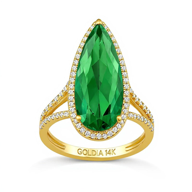 Fashion-Ring mit tropfenförmigem Labor-Smaragd und weißem Labor-Saphir in 14K Weißgold