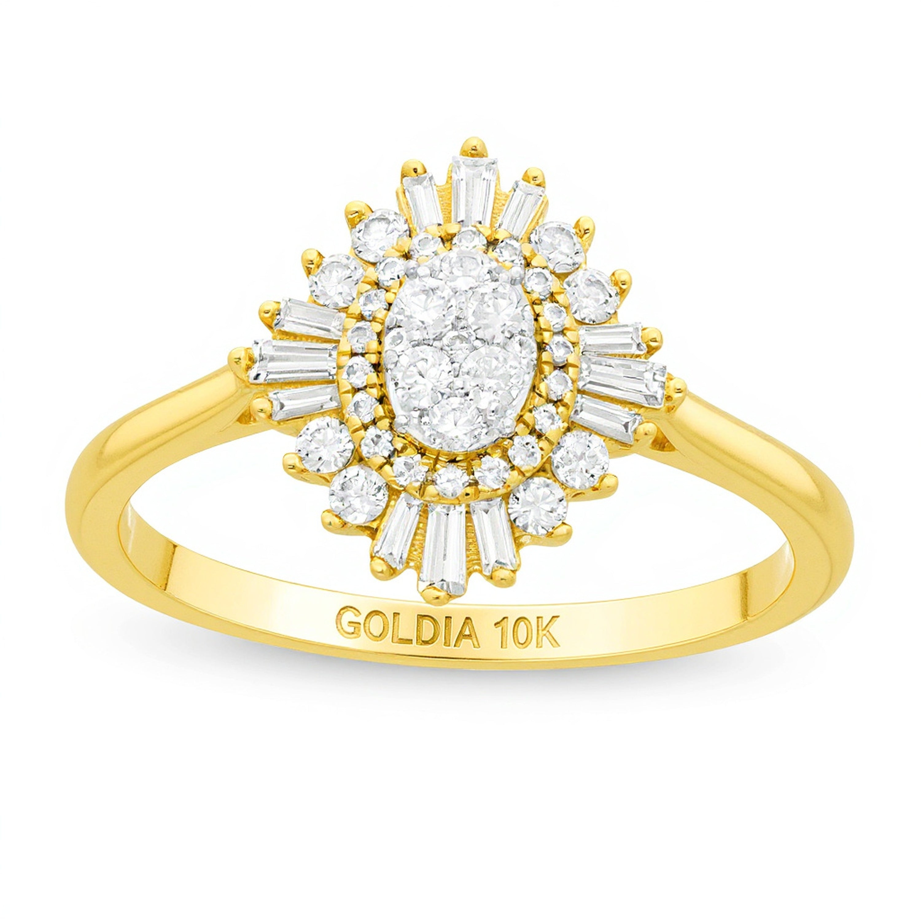 0,5 ct. Gesamtgewicht Komposit-Diamant Verlobungsring mit doppeltem Starburst-Rahmen in 10K Gelbgold