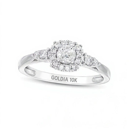 0.5 ct. Gesamtgewicht Diamant-Verlobungsring mit Halo, Kissenschliff und Blattmotiv-Seiten in 10K Weißgold (J/I3)