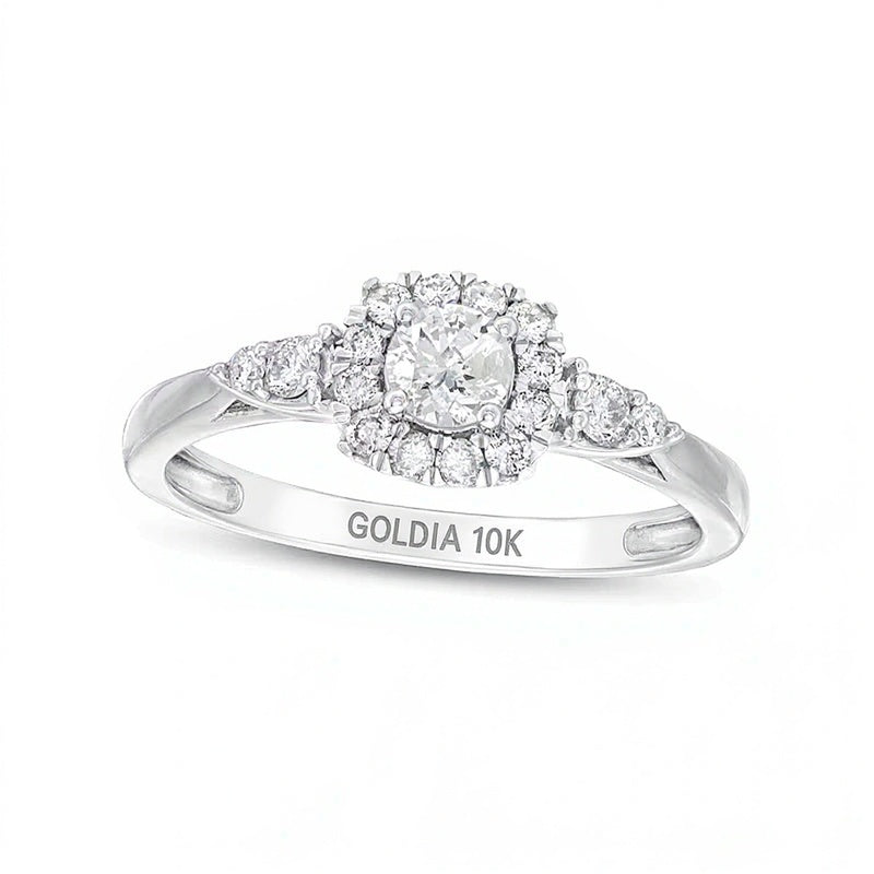 0.5 ct. Gesamtgewicht Diamant-Verlobungsring mit Halo, Kissenschliff und Blattmotiv-Seiten in 10K Weißgold (J/I3)