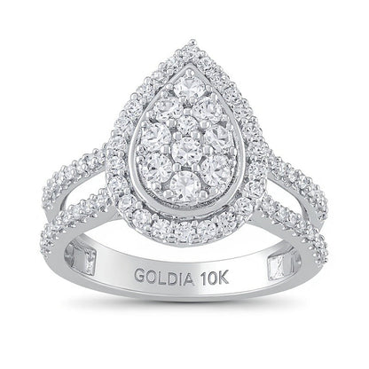 1.0 ct. Gesamtgewicht Verlobungsring mit mehreren Diamanten in Tropfen- und rundem Schliff in 10K Weißgold