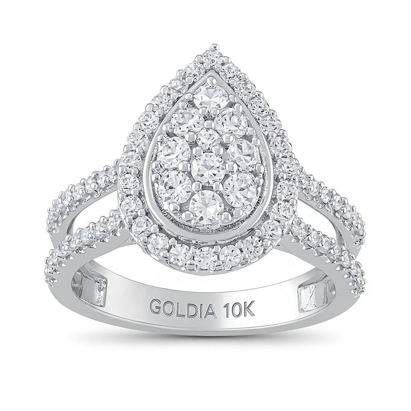 1.0 ct. Gesamtgewicht Verlobungsring mit mehreren Diamanten in Tropfen- und rundem Schliff in 10K Weißgold