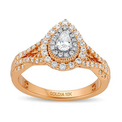 0.63 ct. Gesamtgewicht Verlobungsring mit tropfenförmigem Diamant, Halo und verschlungener Ringschiene in 10K Roségold