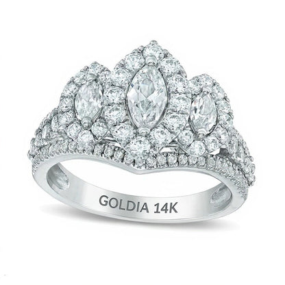 Dreistein-Ring mit Diamanten in Marquise und rund, 1.5 ct. Gesamtgewicht, 14K Weißgold