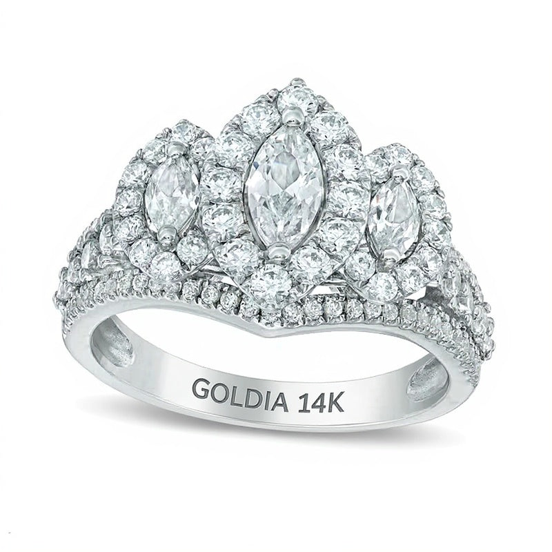 Dreistein-Ring mit Diamanten in Marquise und rund, 1.5 ct. Gesamtgewicht, 14K Weißgold