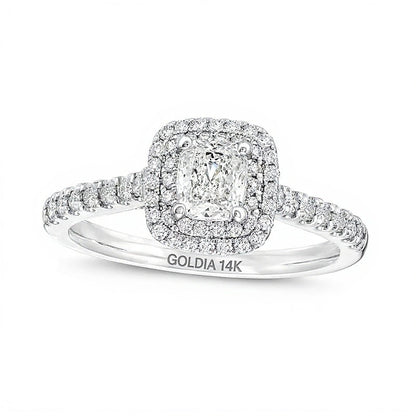 Halo-Verlobungsring mit Diamanten im Kissenschliff und rund, 1.0 ct. Gesamtgewicht, 14K Weißgold (I/SI2)
