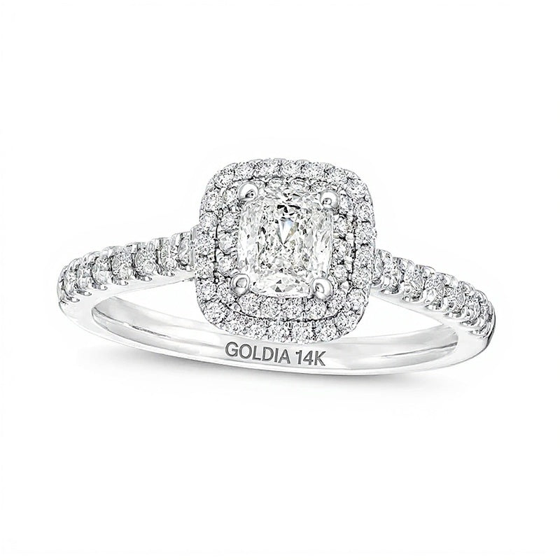Halo-Verlobungsring mit Diamanten im Kissenschliff und rund, 1.0 ct. Gesamtgewicht, 14K Weißgold (I/SI2)