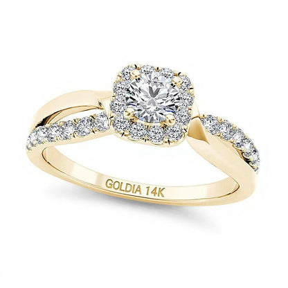 0.75 ct. Gesamtgewicht Diamant Verlobungsring mit Halo und geteilter Schiene in 14K Gelbgold