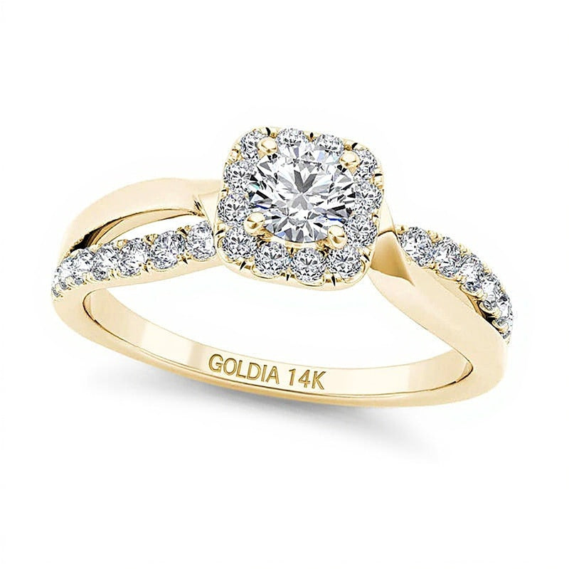 0.75 ct. Gesamtgewicht Diamant Verlobungsring mit Halo und geteilter Schiene in 14K Gelbgold