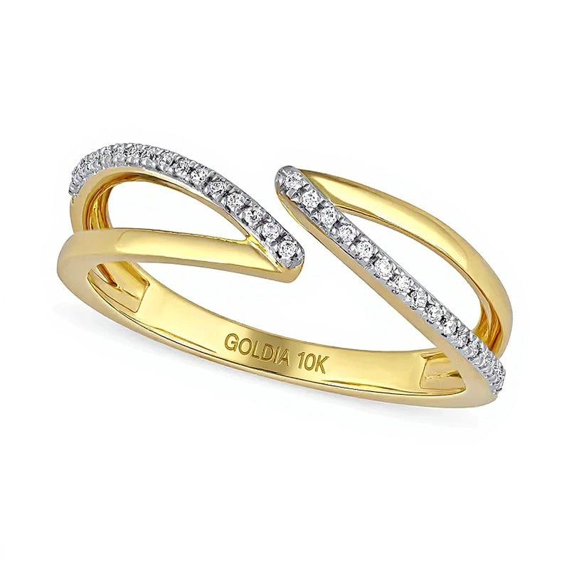 Ring mit weißen Diamanten im Rundschliff 0,1 ct. Gesamtgewicht, Bypass, offene Schiene, in 10K Gelbgold