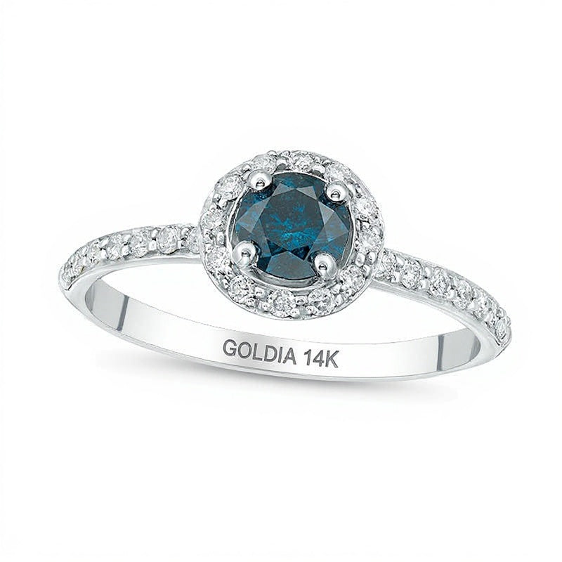 0,75 ct. Gesamtgewicht Verlobungsring mit blauen und weißen Diamanten, Halo, in 14K Weißgold