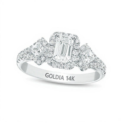 1.0 ct. Gesamtgewicht Dreistein-Verlobungsring mit Diamanten im Smaragdschliff in 14K Weißgold (I/I1)