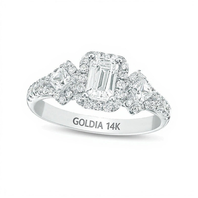 1.0 ct. Gesamtgewicht Dreistein-Verlobungsring mit Diamanten im Smaragdschliff in 14K Weißgold (I/I1)
