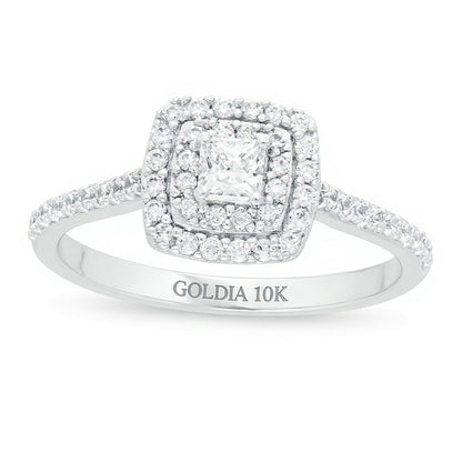 0.5 ct. Gesamtgewicht Verlobungsring mit Diamanten im Princess- und Rundschliff, Halo-Design, in 10K Weißgold